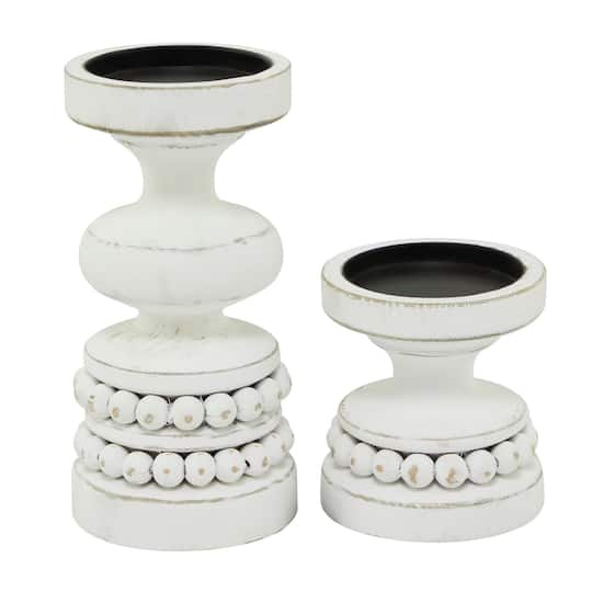 White Wood Beaded Pillar Candle Holder Set